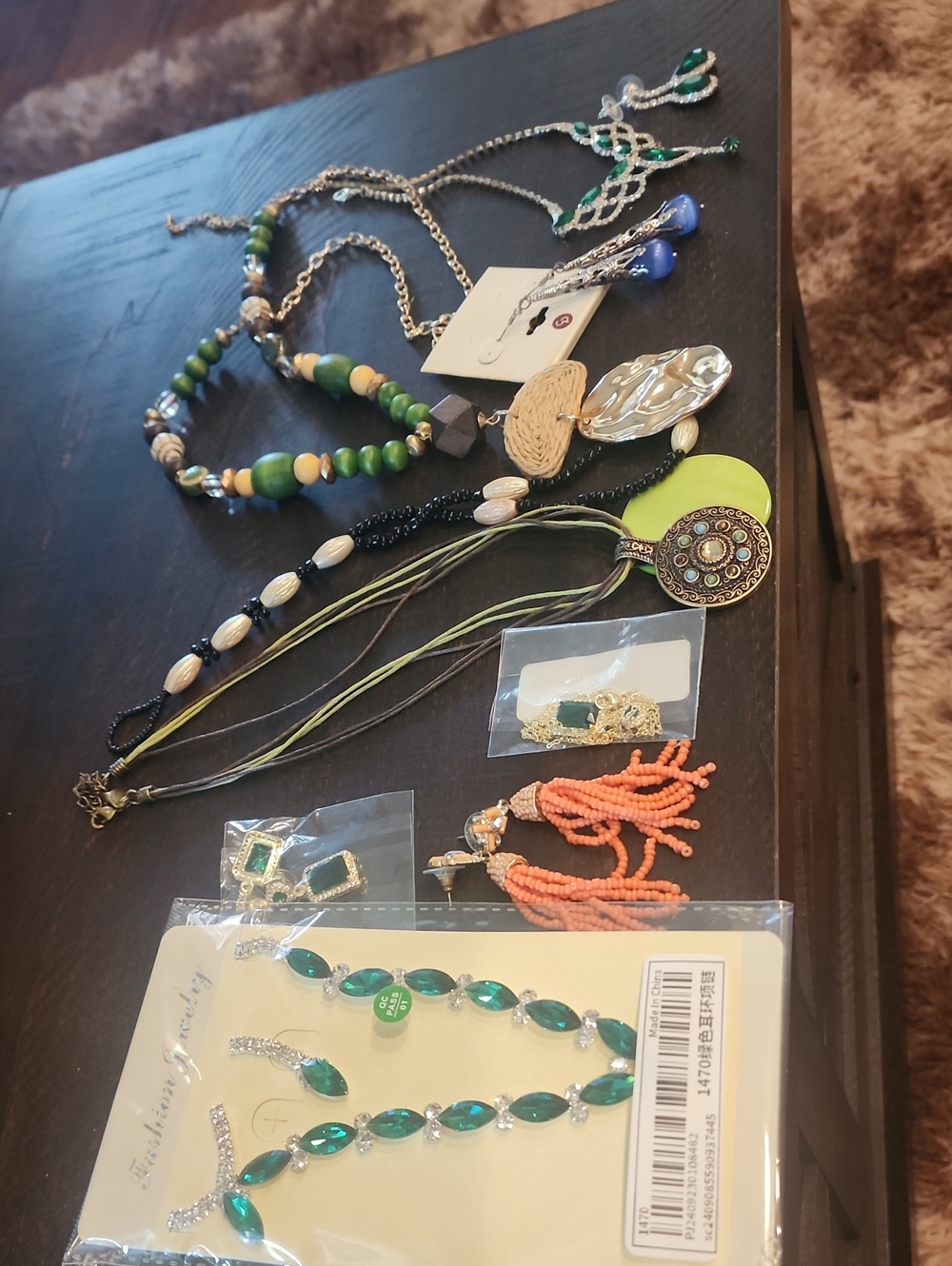 Mixed Bead and Pendant Women's Necklace - Green, Coral, Blue Accents